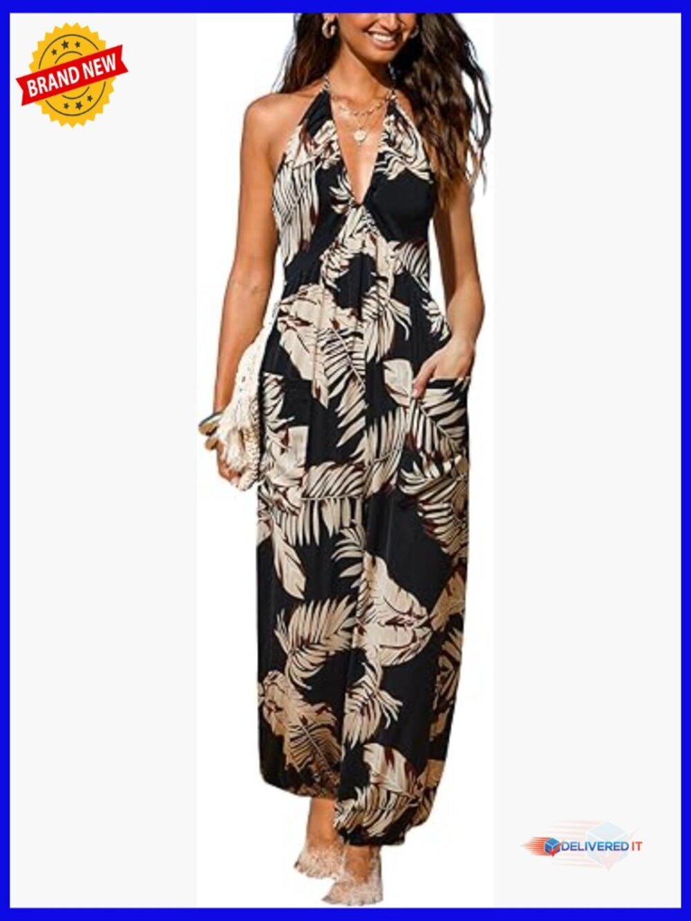 Women's Plunge Halter Sleeveless Pleated Long Romper Jogger Maxi Jumpsuit with